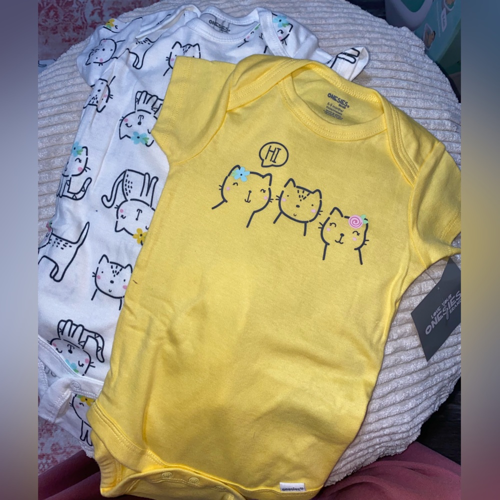Yellow and White Cat Print Onesie Bundle